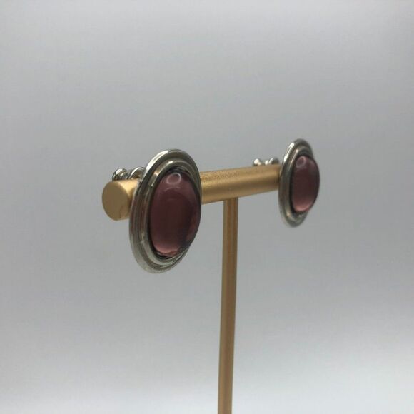 Vendome Vintage Amethyst Rhinestone Cabochon Silver Large Statement Earrings - Picture 3 of 4